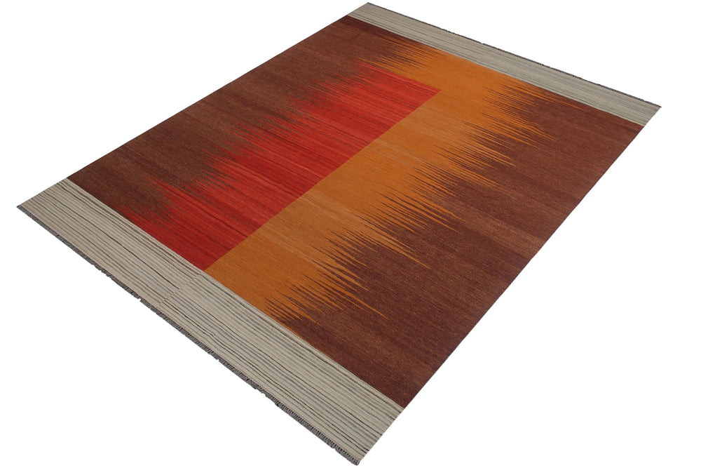 handmade Modern Kilim Brown Red Hand-Woven RECTANGLE 100% WOOL area rug 8x10