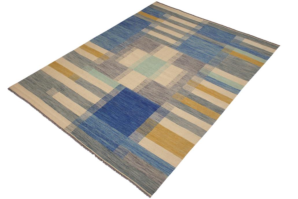 Flat Weave Kilim Antique Navaho Vintage handmade Modern Kilim Beige Blue Hand-Woven Rectangle 100% Wool Area Rug 9x10 