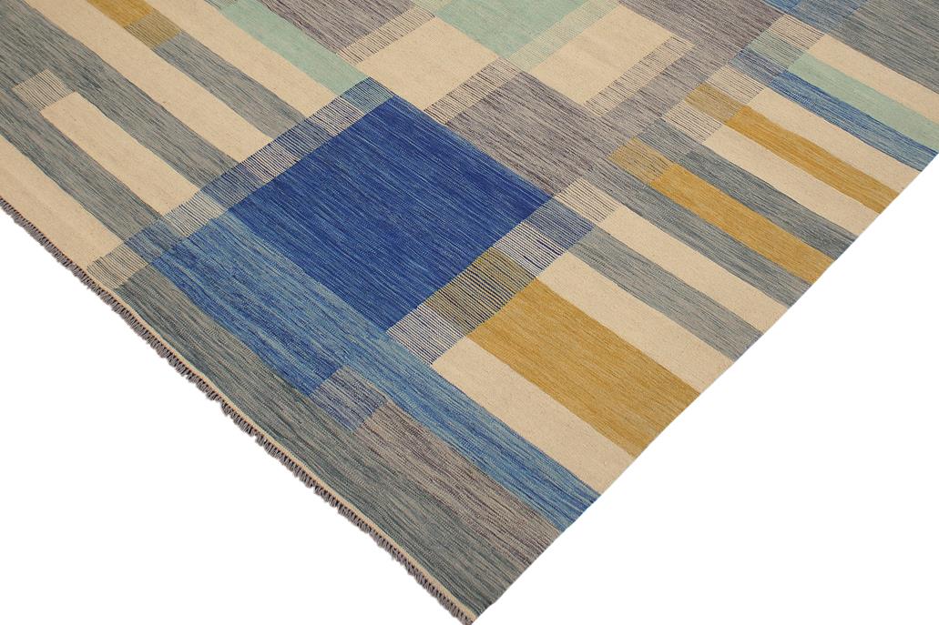 Flat Weave Kilim Antique Navaho Vintage handmade Modern Kilim Beige Blue Hand-Woven Rectangle 100% Wool Area Rug 9x10 