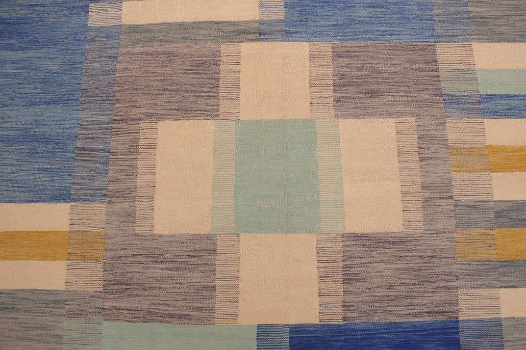 Flat Weave Kilim Antique Navaho Vintage handmade Modern Kilim Beige Blue Hand-Woven Rectangle 100% Wool Area Rug 9x10 