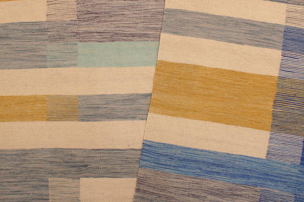 Flat Weave Kilim Antique Navaho Vintage handmade Modern Kilim Beige Blue Hand-Woven Rectangle 100% Wool Area Rug 9x10 