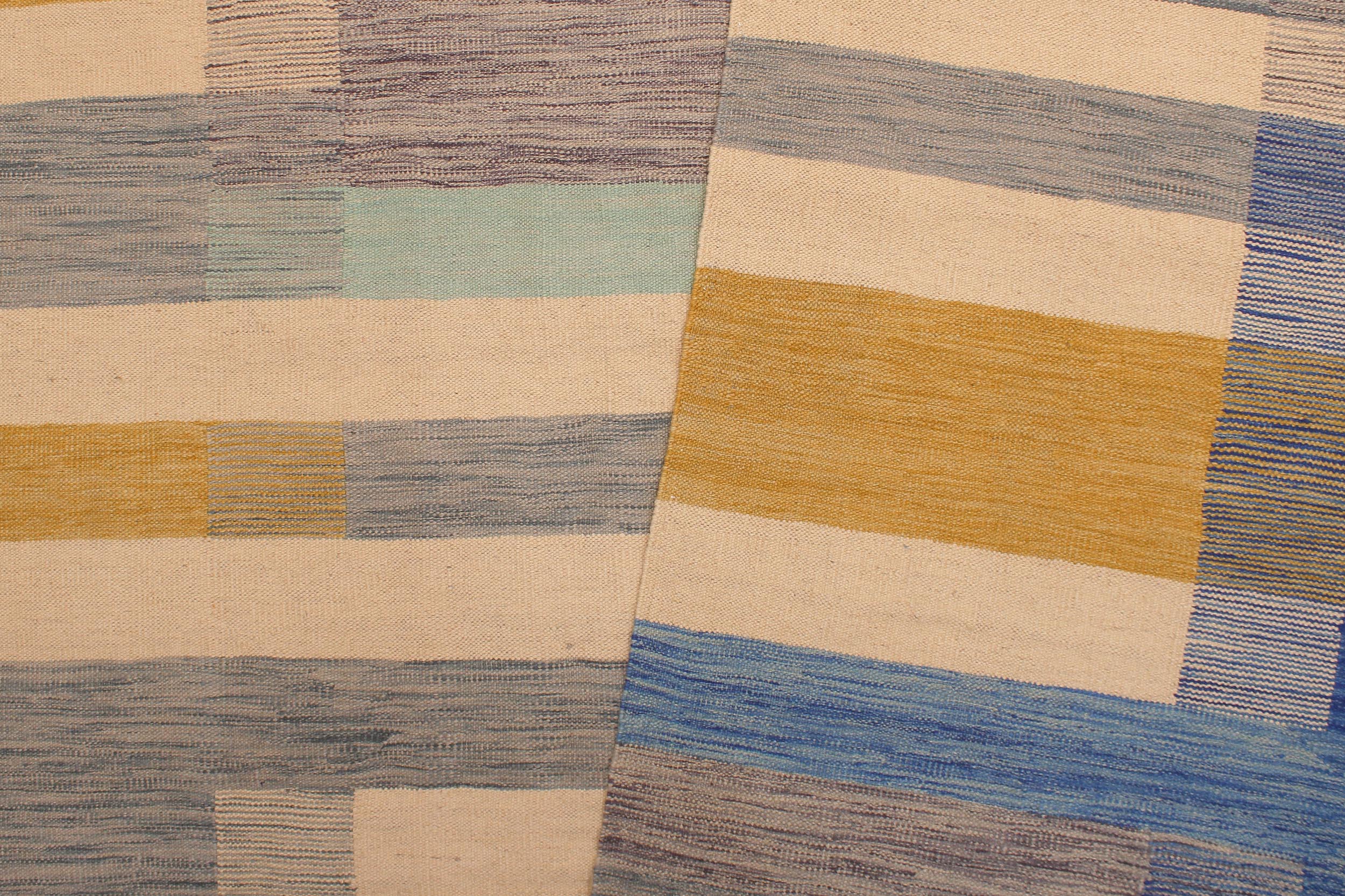 handmade Modern Kilim Beige Blue Hand-Woven RECTANGLE 100% WOOL area rug 9x10