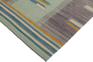 handmade Modern Kilim Blue Gold Hand-Woven RECTANGLE 100% WOOL area rug 7x10