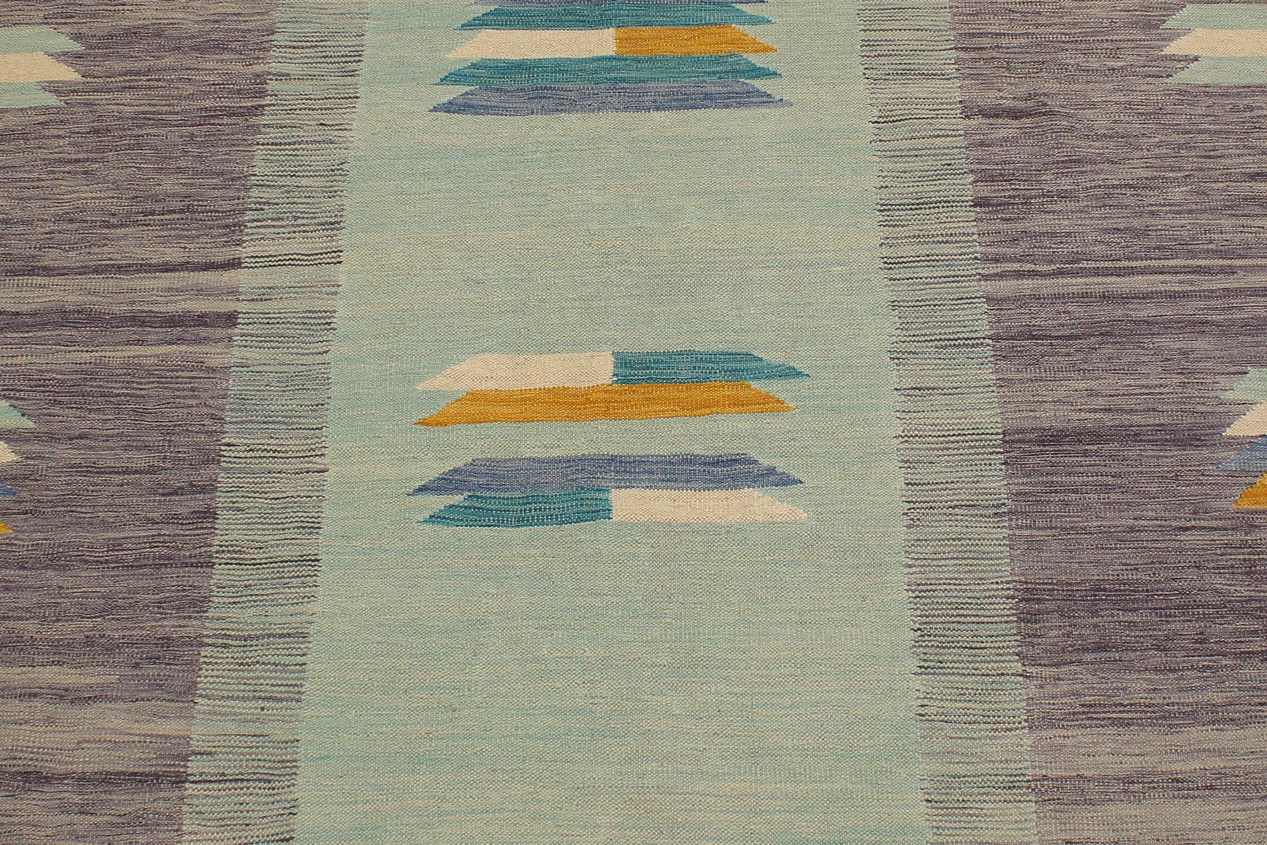 handmade Modern Kilim Blue Gold Hand-Woven RECTANGLE 100% WOOL area rug 7x10