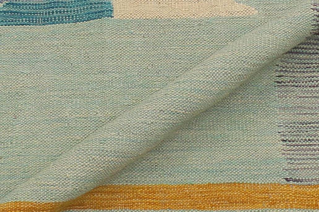 Flat Weave Kilim Antique Navaho Vintage handmade Modern Kilim Blue Gold Hand-Woven Rectangle 100% Wool Area Rug 7x10 