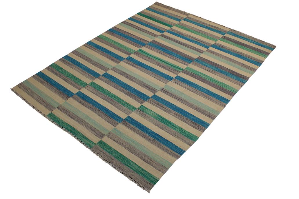 Flat Weave Kilim Antique Navaho Vintage handmade Modern Kilim Blue Beige Hand-Woven Rectangle 100% Wool Area Rug 6x10 