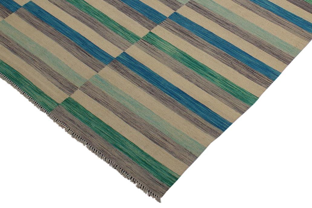 Flat Weave Kilim Antique Navaho Vintage handmade Modern Kilim Blue Beige Hand-Woven Rectangle 100% Wool Area Rug 6x10 