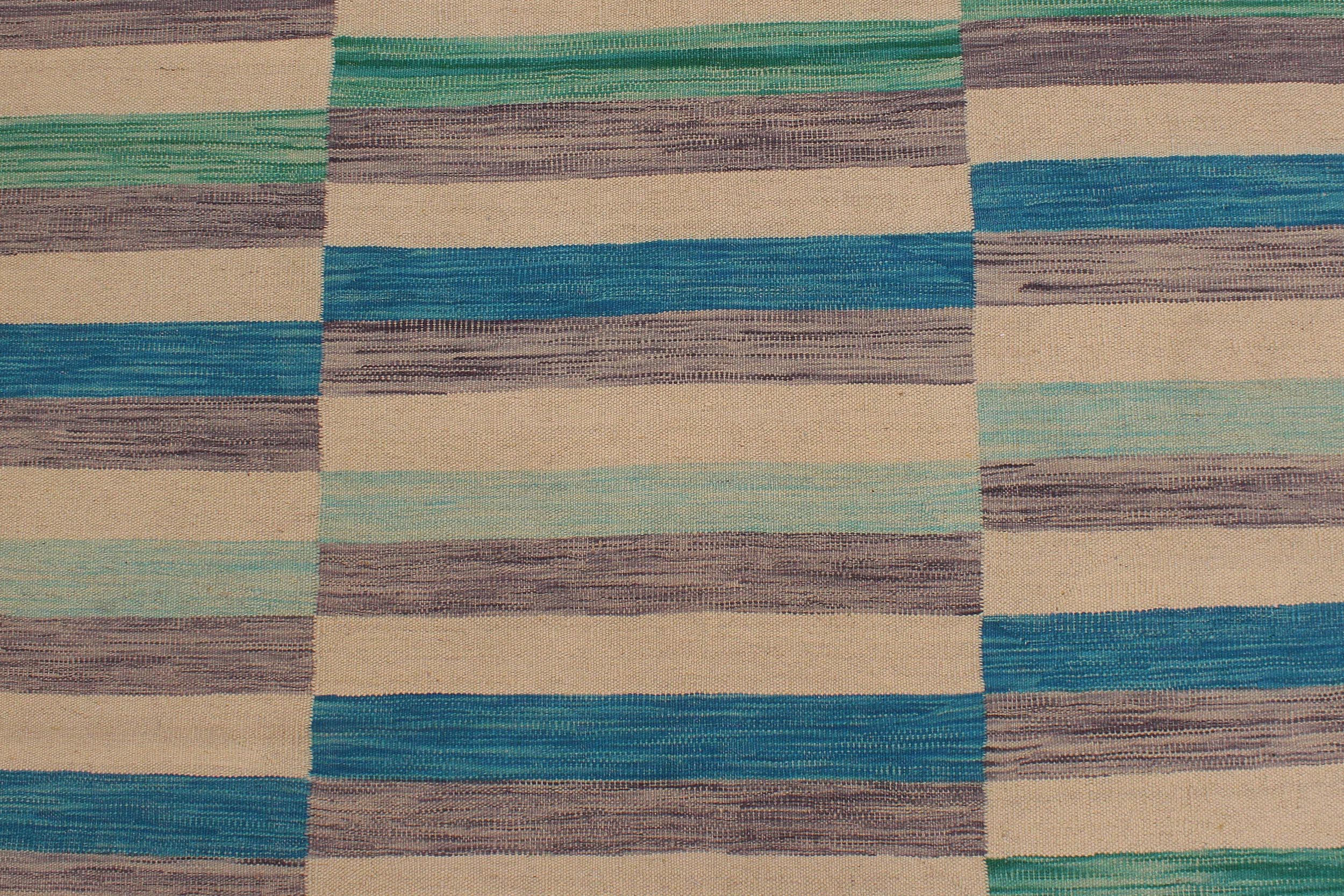 handmade Modern Kilim Blue Beige Hand-Woven RECTANGLE 100% WOOL area rug 6x10