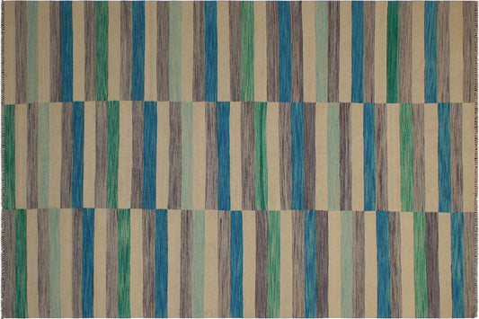 handmade Modern Kilim Blue Beige Hand-Woven RECTANGLE 100% WOOL area rug 6x10