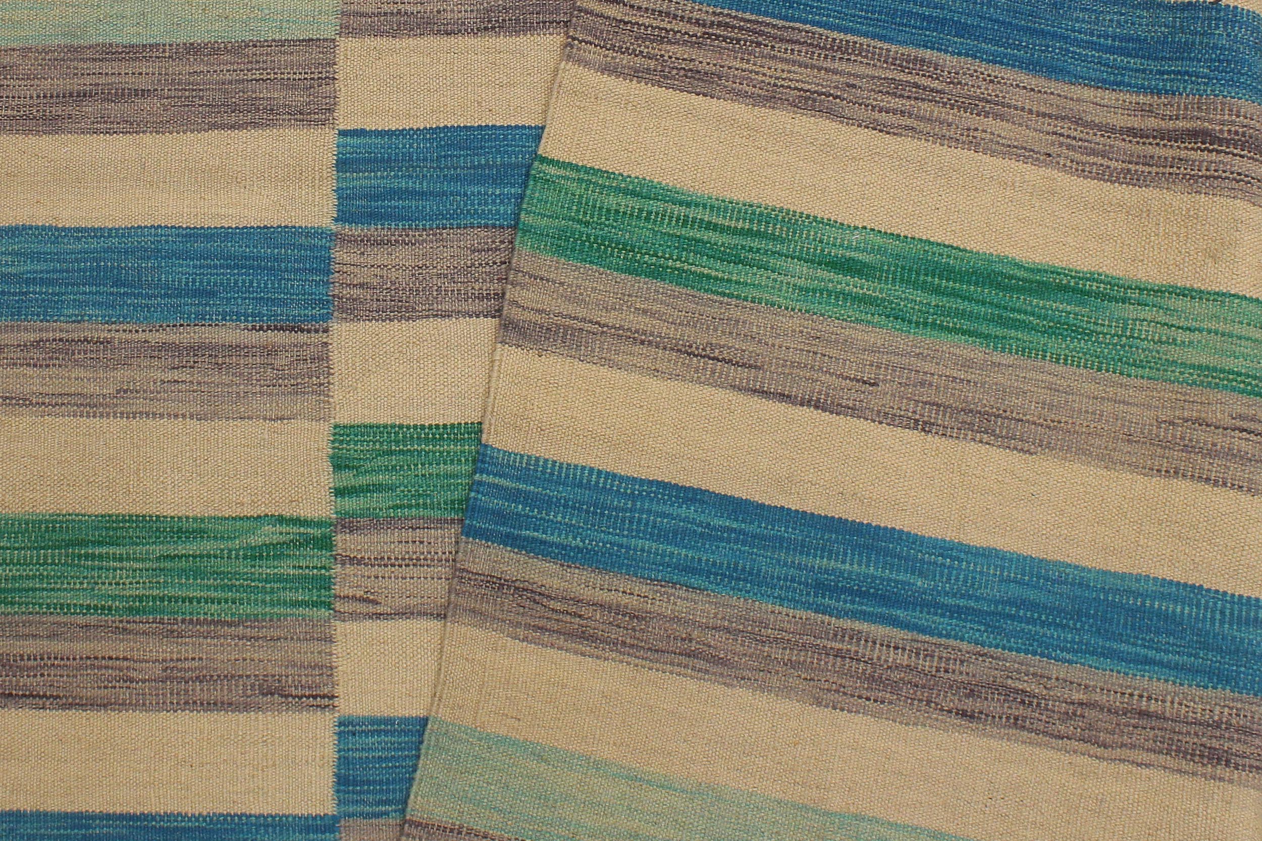 handmade Modern Kilim Blue Beige Hand-Woven RECTANGLE 100% WOOL area rug 6x10