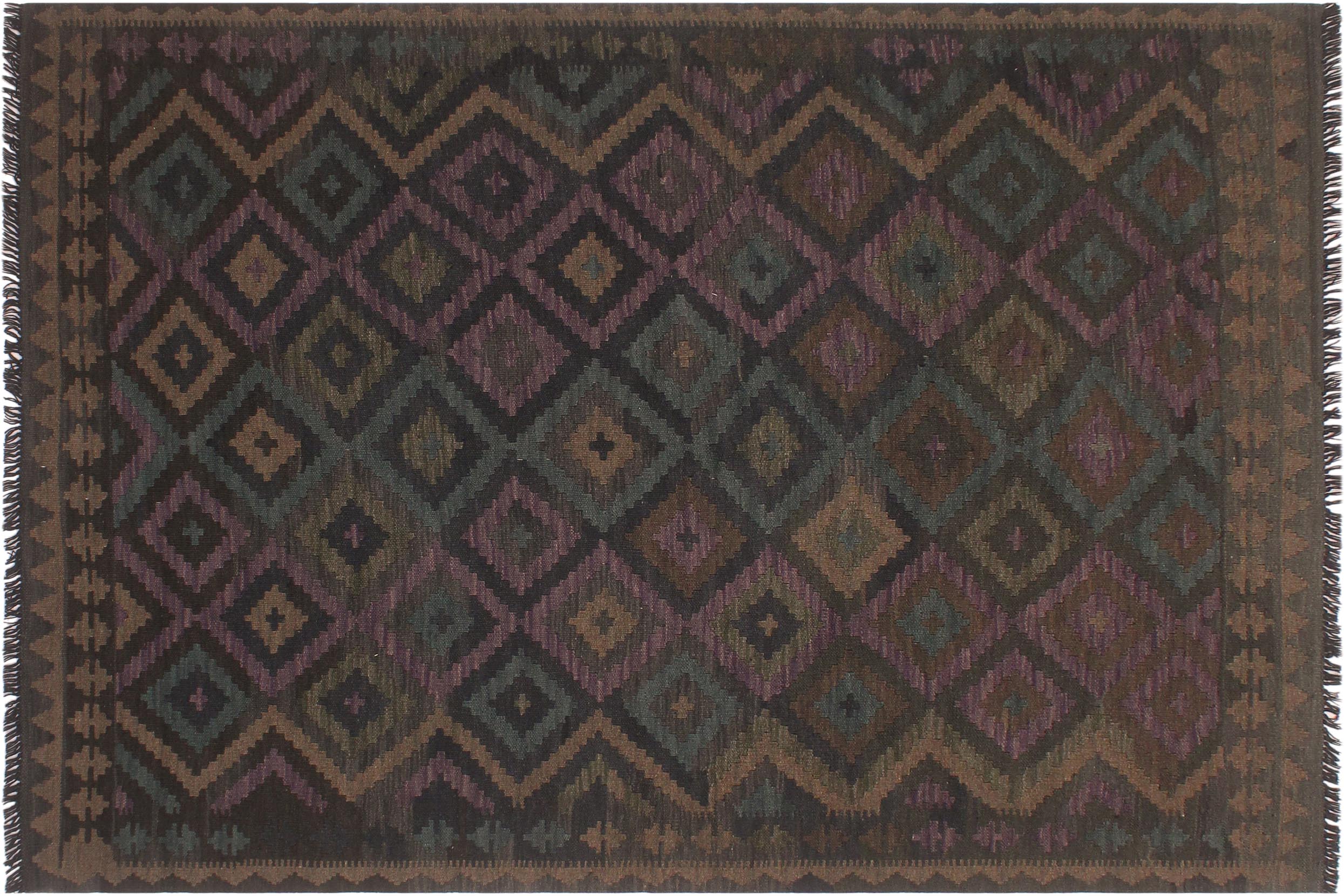 handmade Modern Kilim Black Brown Hand-Woven RECTANGLE 100% WOOL area rug 5x6