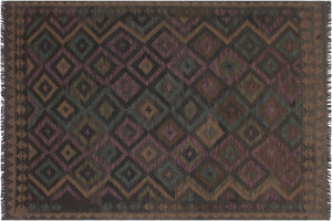 5x6 hand woven Turkish Flat Weave Kilim wool rug in black and brown - Chic Turkish Brain