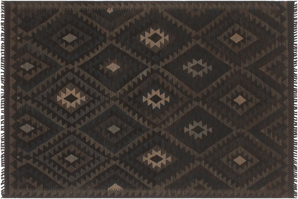 5x6 hand woven Turkish Flat Weave Kilim wool rug in black and blue - Eclectic BohoMax