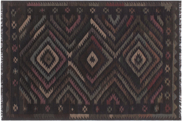 handmade Modern Kilim Black Blue Hand-Woven RECTANGLE 100% WOOL area rug 6' x 8'