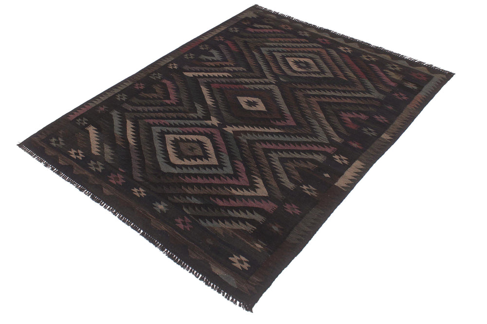 handmade Modern Kilim Black Blue Hand-Woven RECTANGLE 100% WOOL area rug 6' x 8'