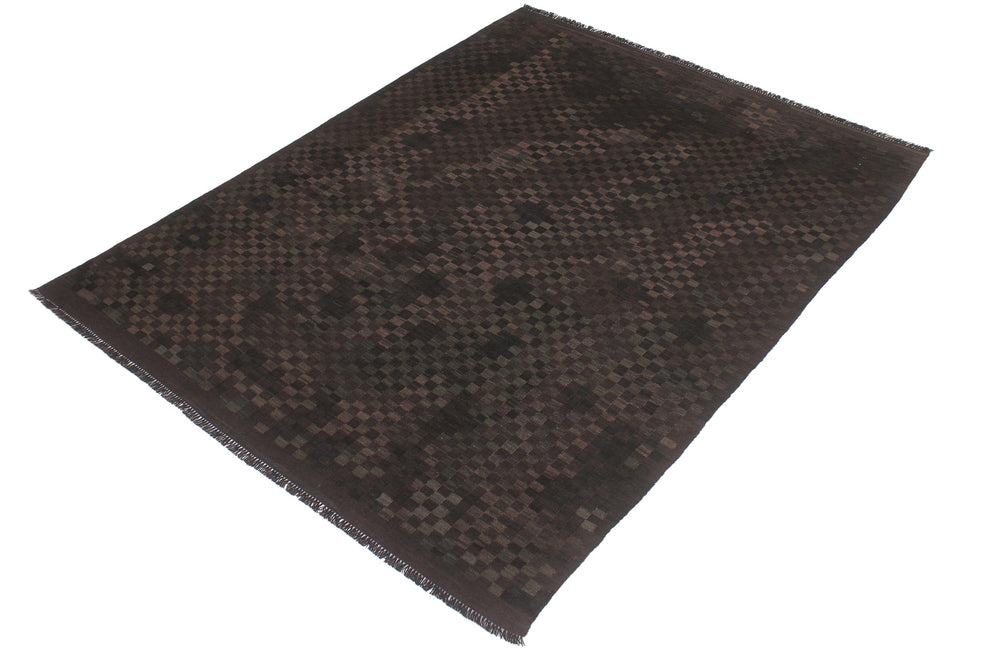 handmade Modern Kilim Black Brown Hand-Woven RECTANGLE 100% WOOL area rug 6' x 8'