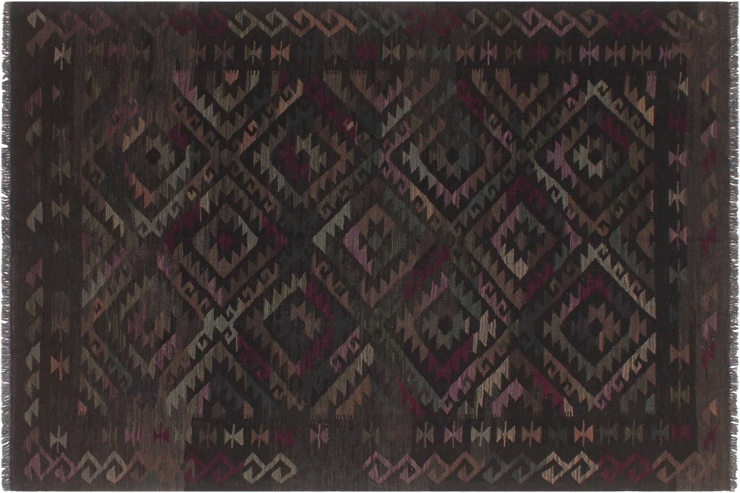 handmade Modern Kilim Black Brown Hand-Woven RECTANGLE 100% WOOL area rug 6' x 8'