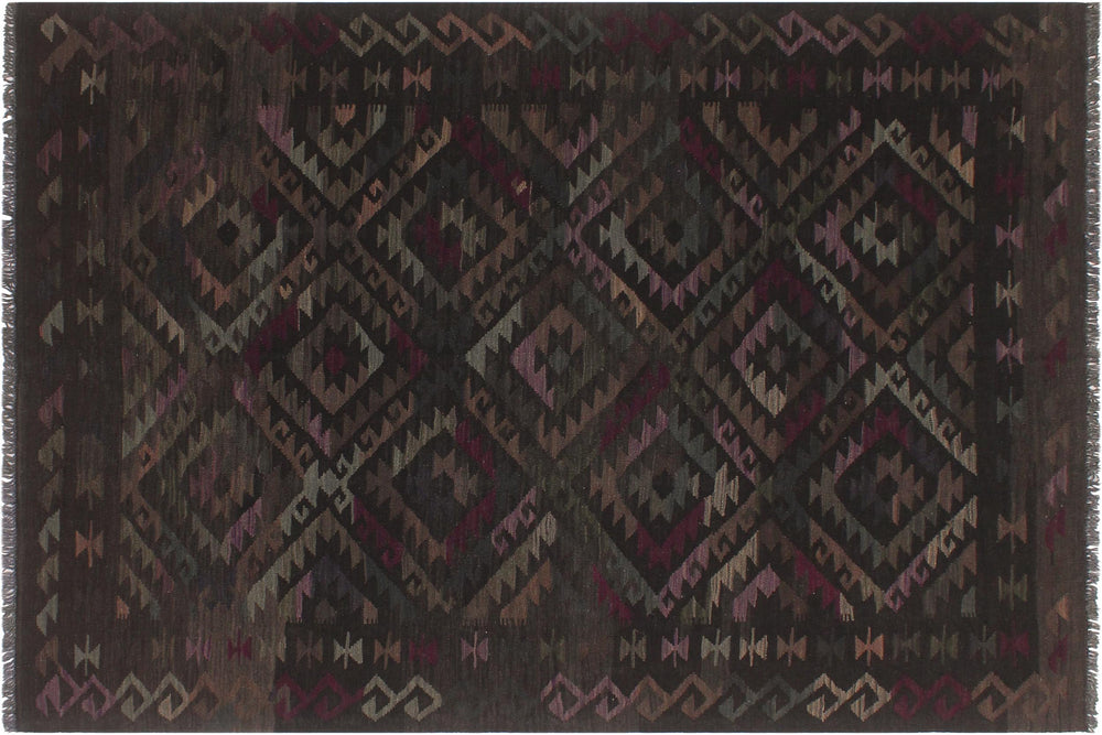 handmade Modern Kilim Black Brown Hand-Woven RECTANGLE 100% WOOL area rug 6' x 8'