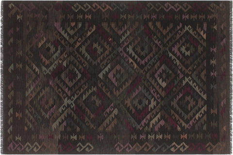 handmade Modern Kilim Black Brown Hand-Woven RECTANGLE 100% WOOL area rug 6' x 8'