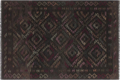 handmade Modern Kilim Black Brown Hand-Woven RECTANGLE 100% WOOL area rug 6' x 8'