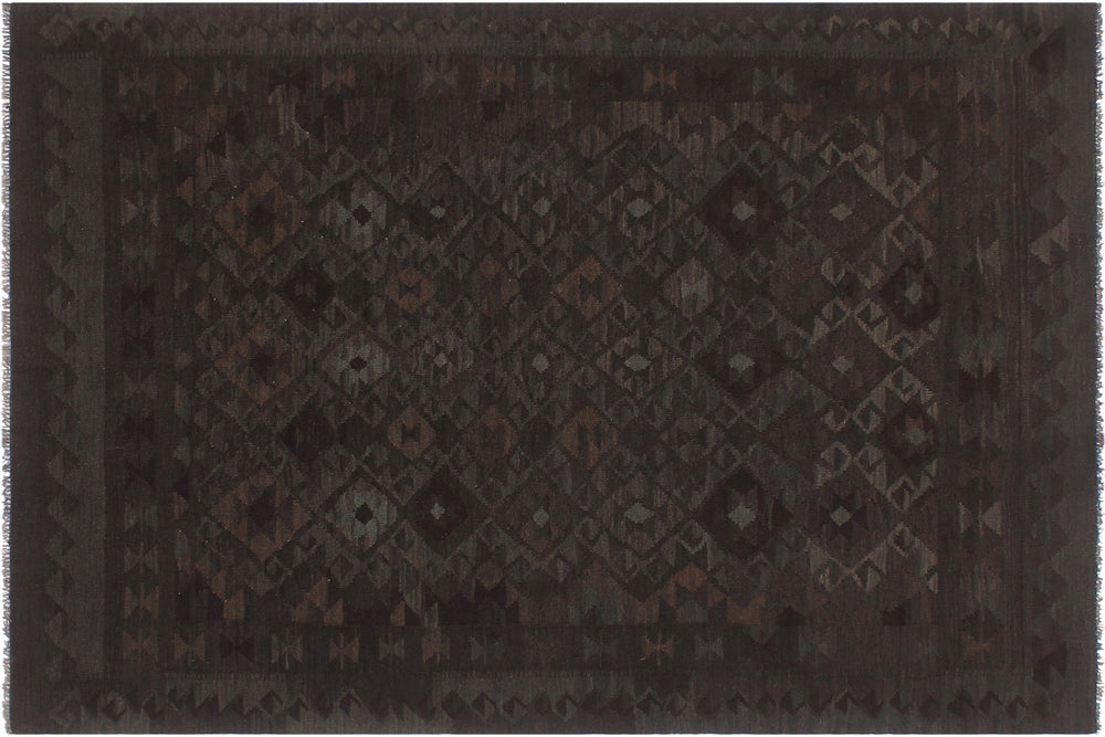 handmade Modern Kilim Charcoal Blue Hand-Woven RECTANGLE 100% WOOL area rug 6' x 7'