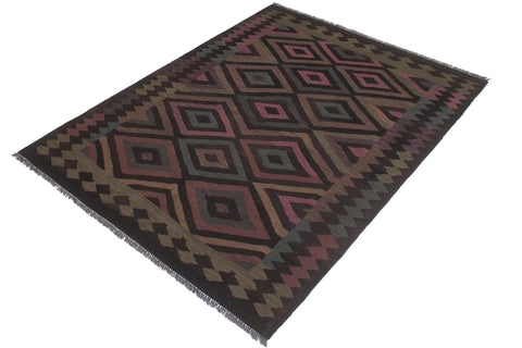 handmade Modern Kilim Black Blue Hand-Woven RECTANGLE 100% WOOL area rug 5' x 8'