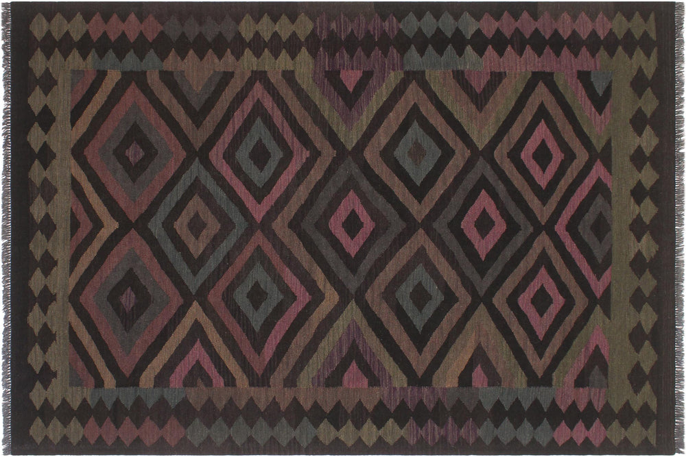 handmade Modern Kilim Black Blue Hand-Woven RECTANGLE 100% WOOL area rug 5' x 8'