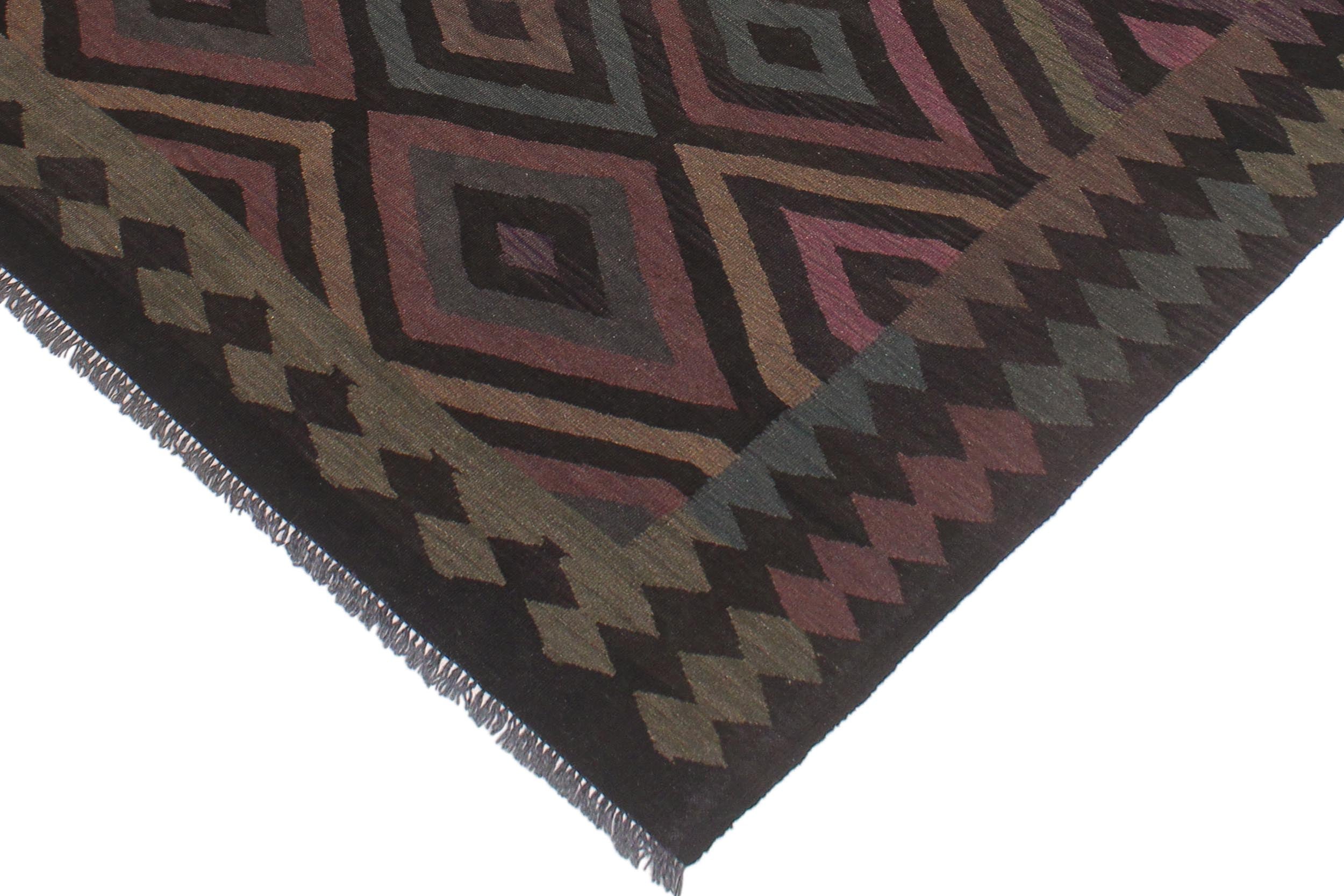 handmade Modern Kilim Black Blue Hand-Woven RECTANGLE 100% WOOL area rug 5' x 8'
