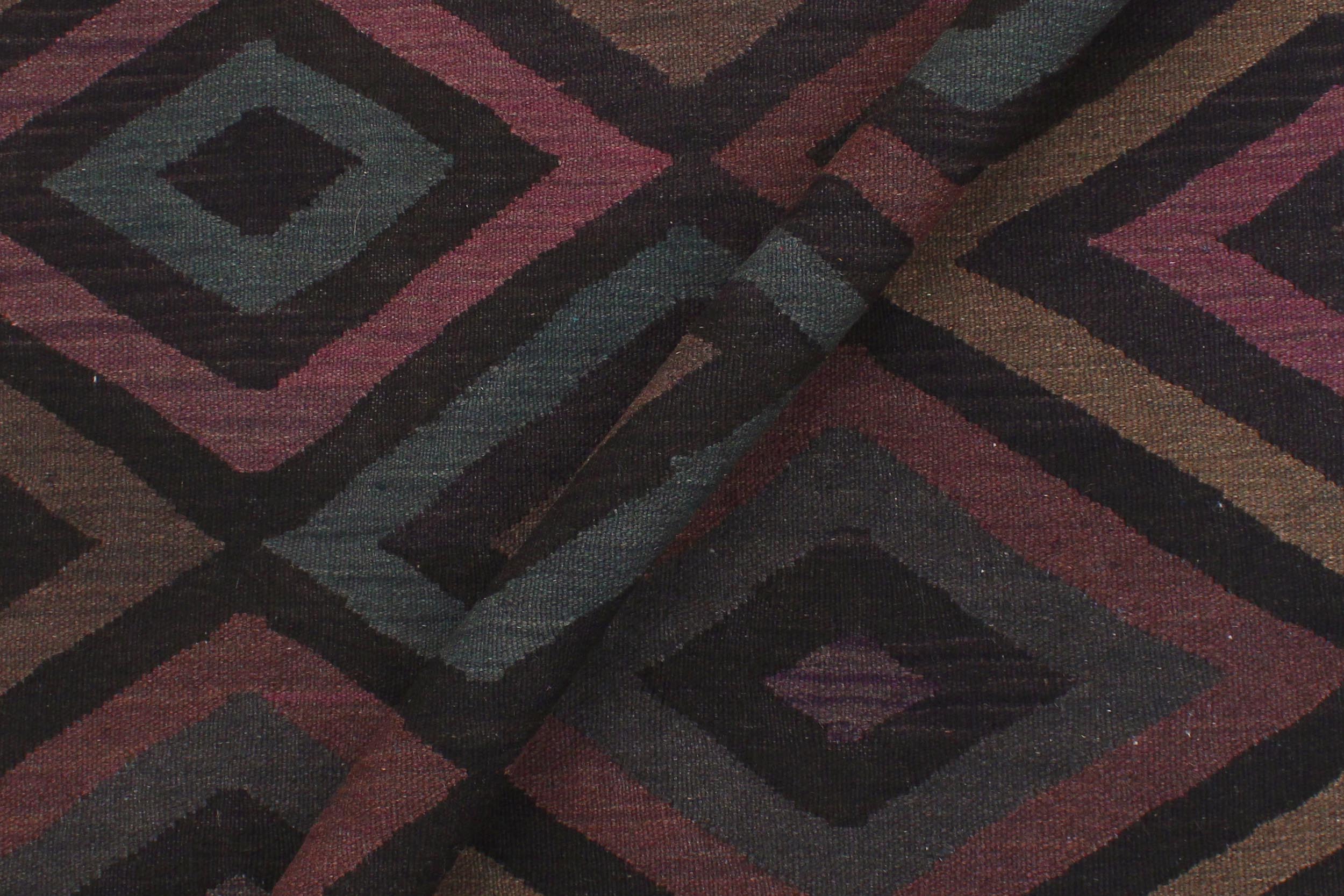 handmade Modern Kilim Black Blue Hand-Woven RECTANGLE 100% WOOL area rug 5' x 8'