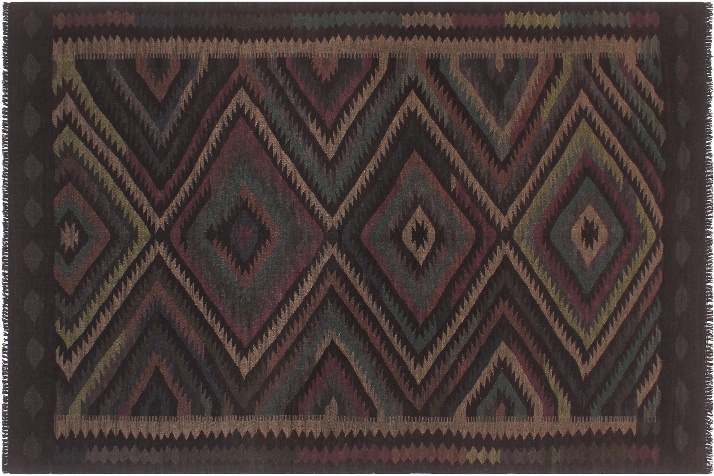 handmade Modern Kilim Black Green Hand-Woven RECTANGLE 100% WOOL area rug 5' x 8'