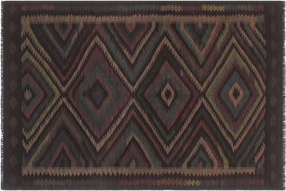 handmade Modern Kilim Black Green Hand-Woven RECTANGLE 100% WOOL area rug 5' x 8'
