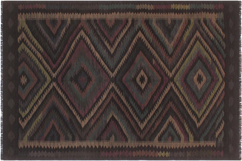 handmade Modern Kilim Black Green Hand-Woven RECTANGLE 100% WOOL area rug 5' x 8'