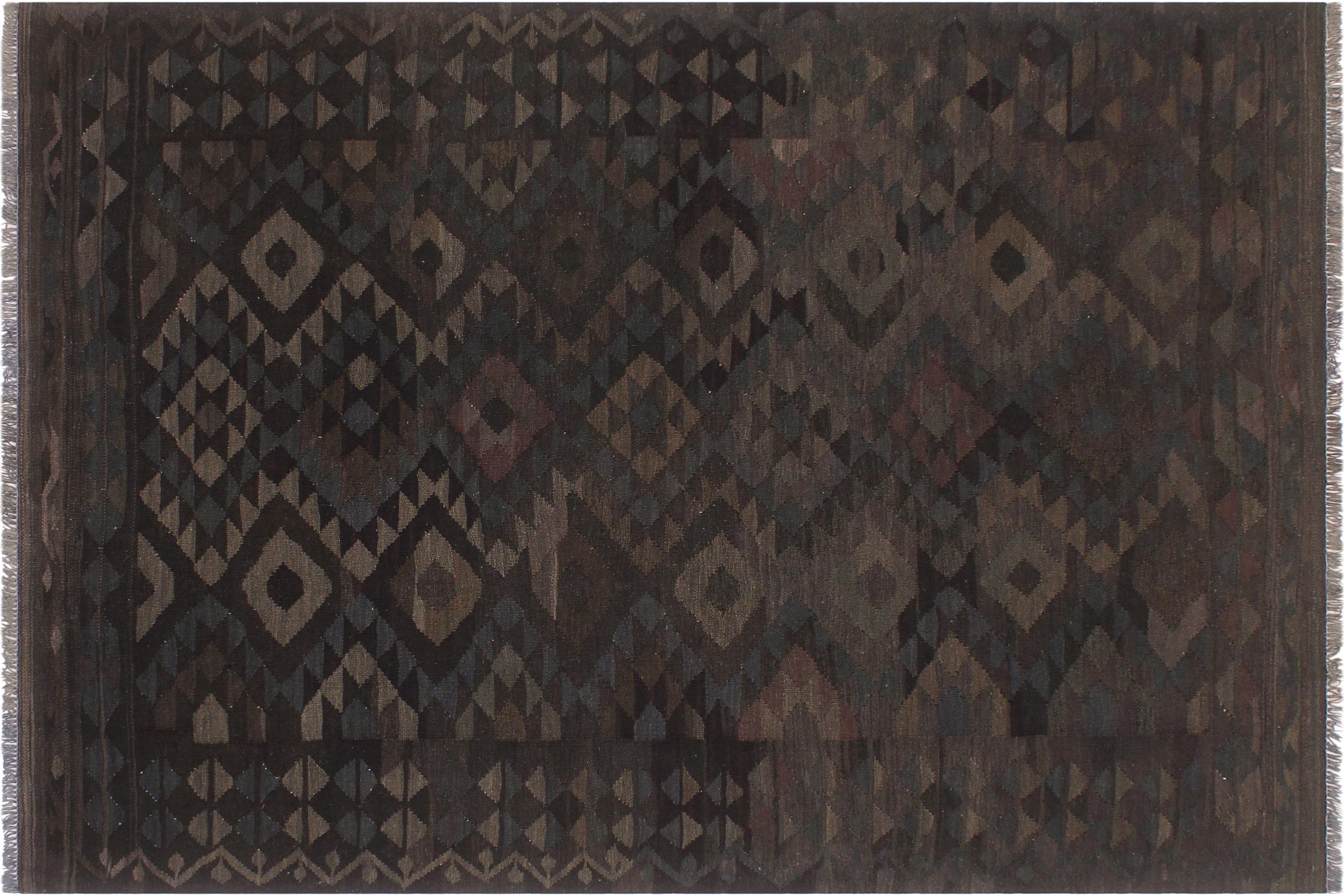 handmade Modern Kilim Black Brown Hand-Woven RECTANGLE 100% WOOL area rug 6' x 8'