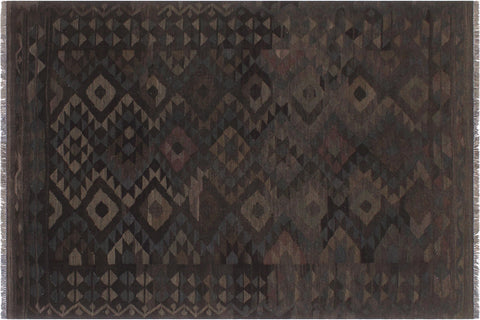 handmade Modern Kilim Black Brown Hand-Woven RECTANGLE 100% WOOL area rug 6' x 8'