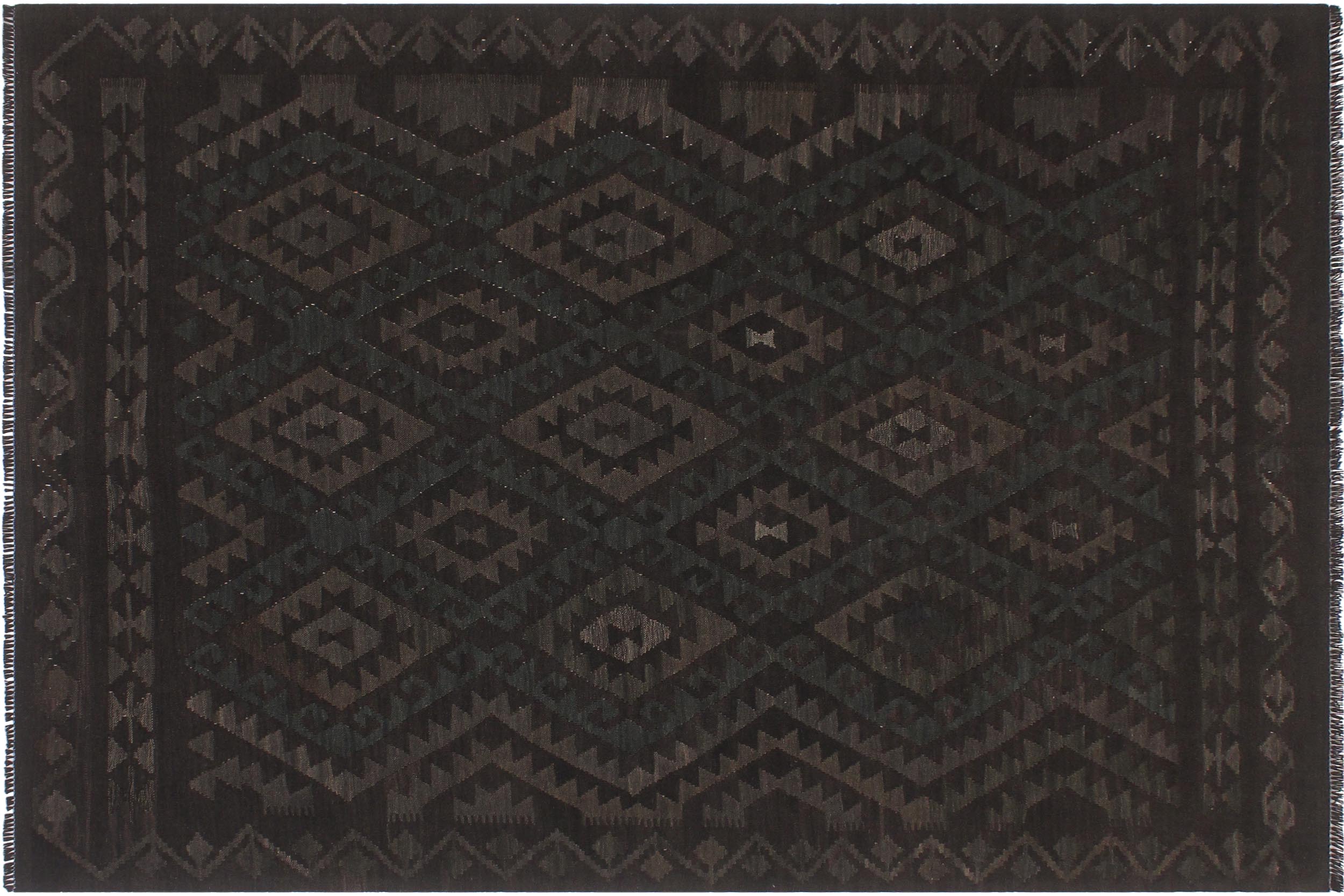 handmade Modern Kilim Black Green Hand-Woven RECTANGLE 100% WOOL area rug 6' x 7'