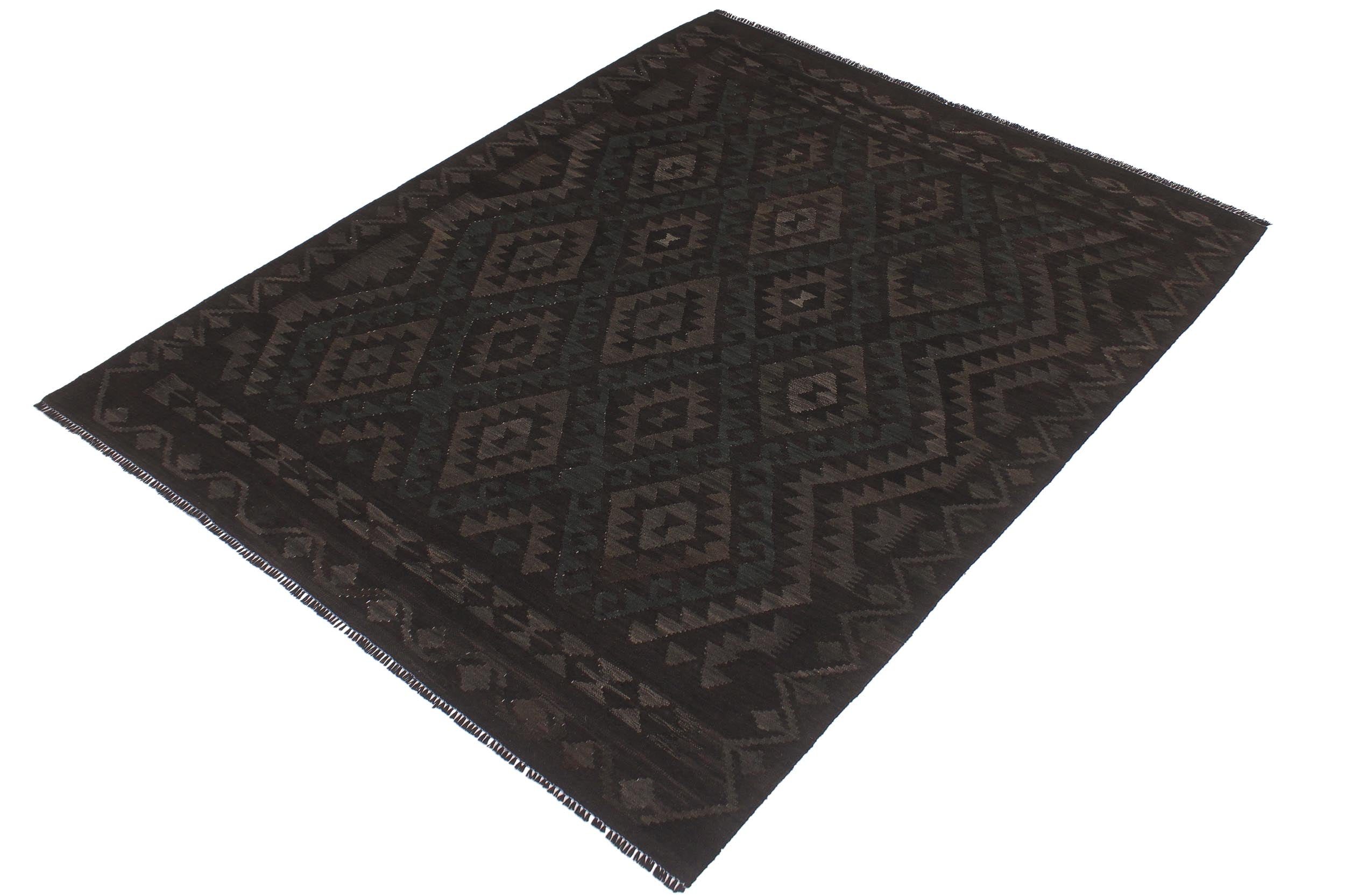 handmade Modern Kilim Black Green Hand-Woven RECTANGLE 100% WOOL area rug 6' x 7'