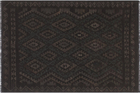 handmade Modern Kilim Black Green Hand-Woven RECTANGLE 100% WOOL area rug 6' x 7'