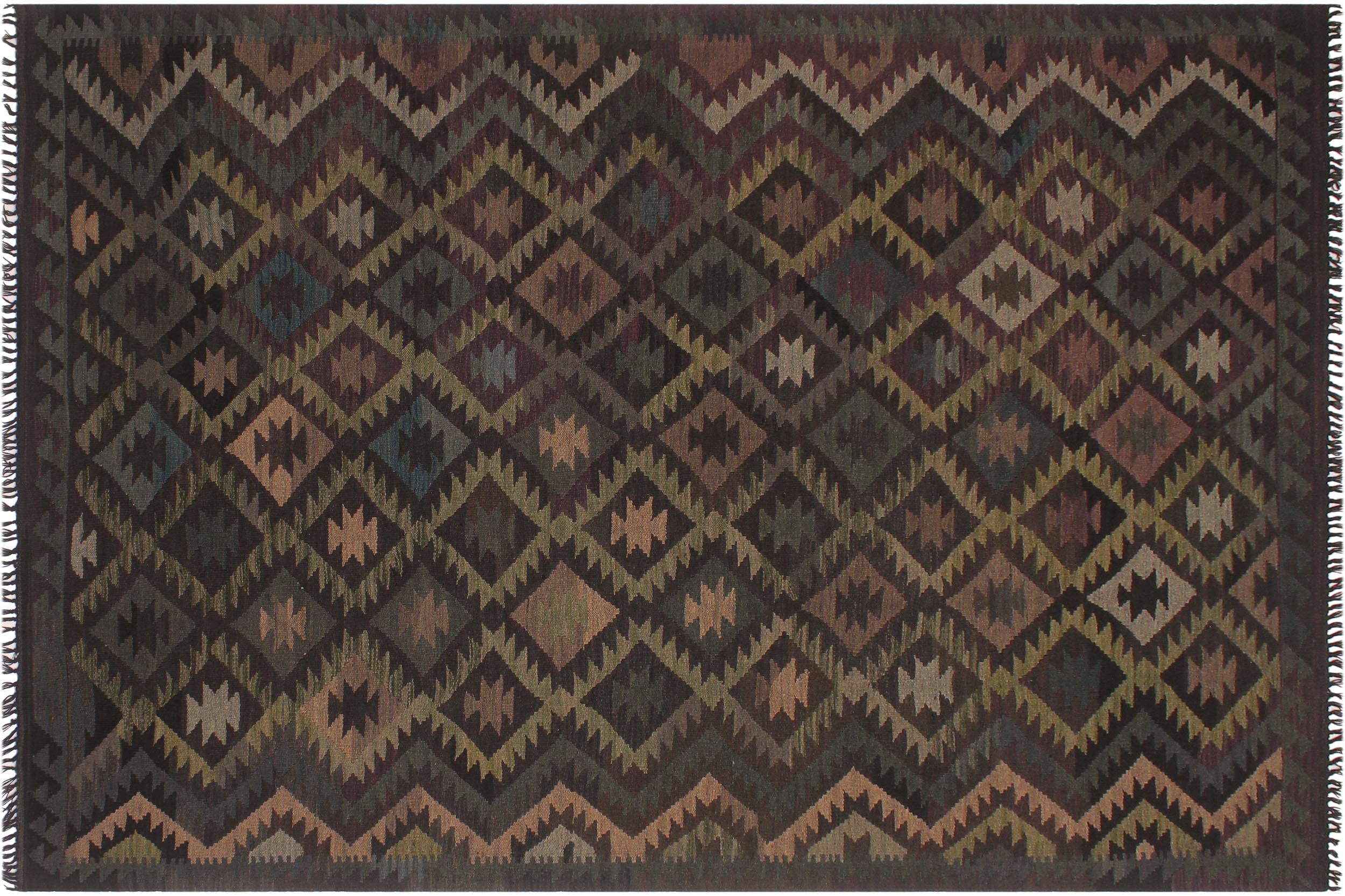 handmade Modern Kilim Black Blue Hand-Woven RECTANGLE 100% WOOL area rug 6' x 10'