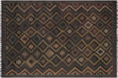 handmade Modern Kilim Black Blue Hand-Woven RECTANGLE 100% WOOL area rug 6' x 10'