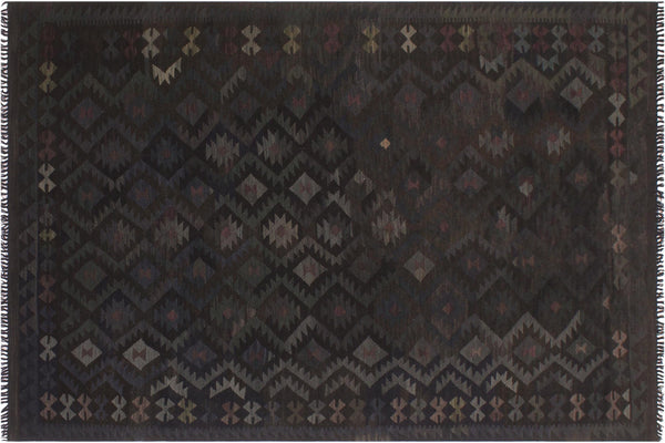 handmade Modern Kilim Black Blue Hand-Woven RECTANGLE 100% WOOL area rug 6' x 10'