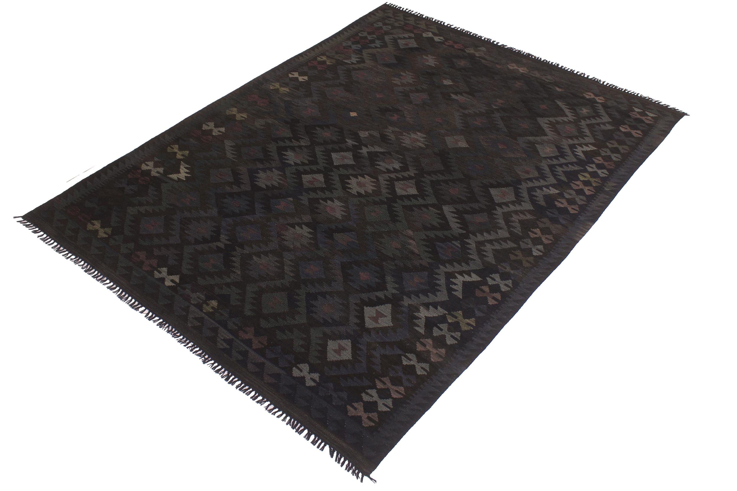 handmade Modern Kilim Black Blue Hand-Woven RECTANGLE 100% WOOL area rug 6' x 10'