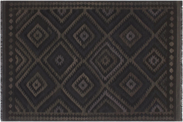 handmade Modern Kilim Black Blue Hand-Woven RECTANGLE 100% WOOL area rug 6' x 8'