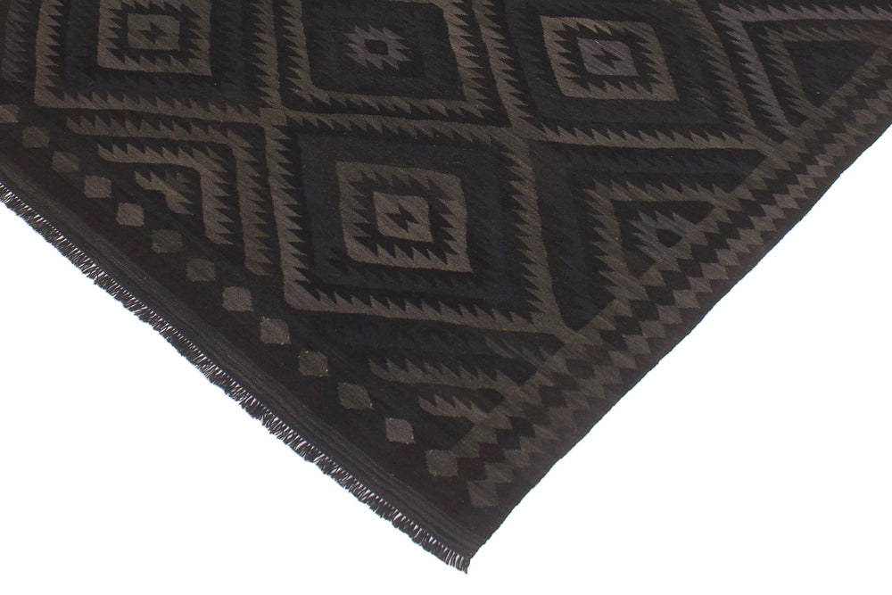 handmade Modern Kilim Black Blue Hand-Woven RECTANGLE 100% WOOL area rug 6' x 8'