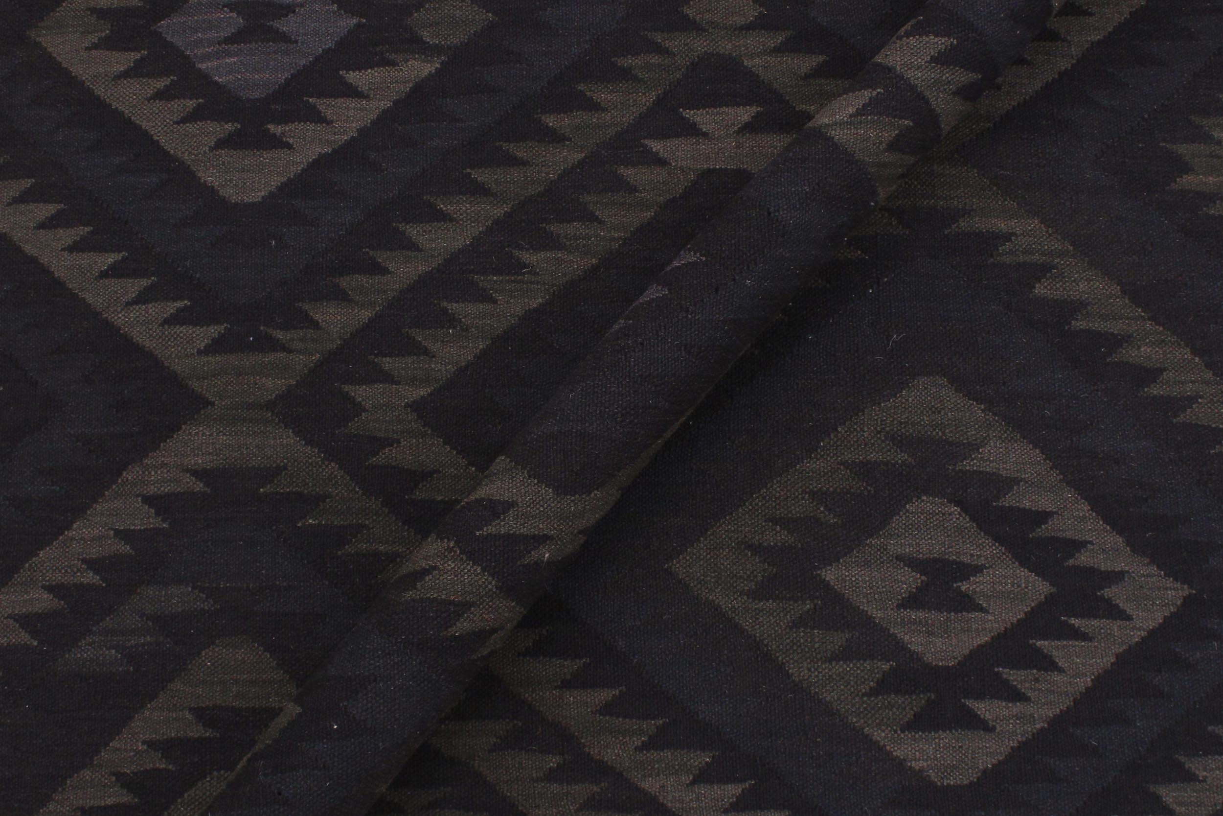 handmade Modern Kilim Black Blue Hand-Woven RECTANGLE 100% WOOL area rug 6' x 8'