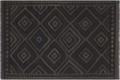 handmade Modern Kilim Black Blue Hand-Woven RECTANGLE 100% WOOL area rug 6' x 8'