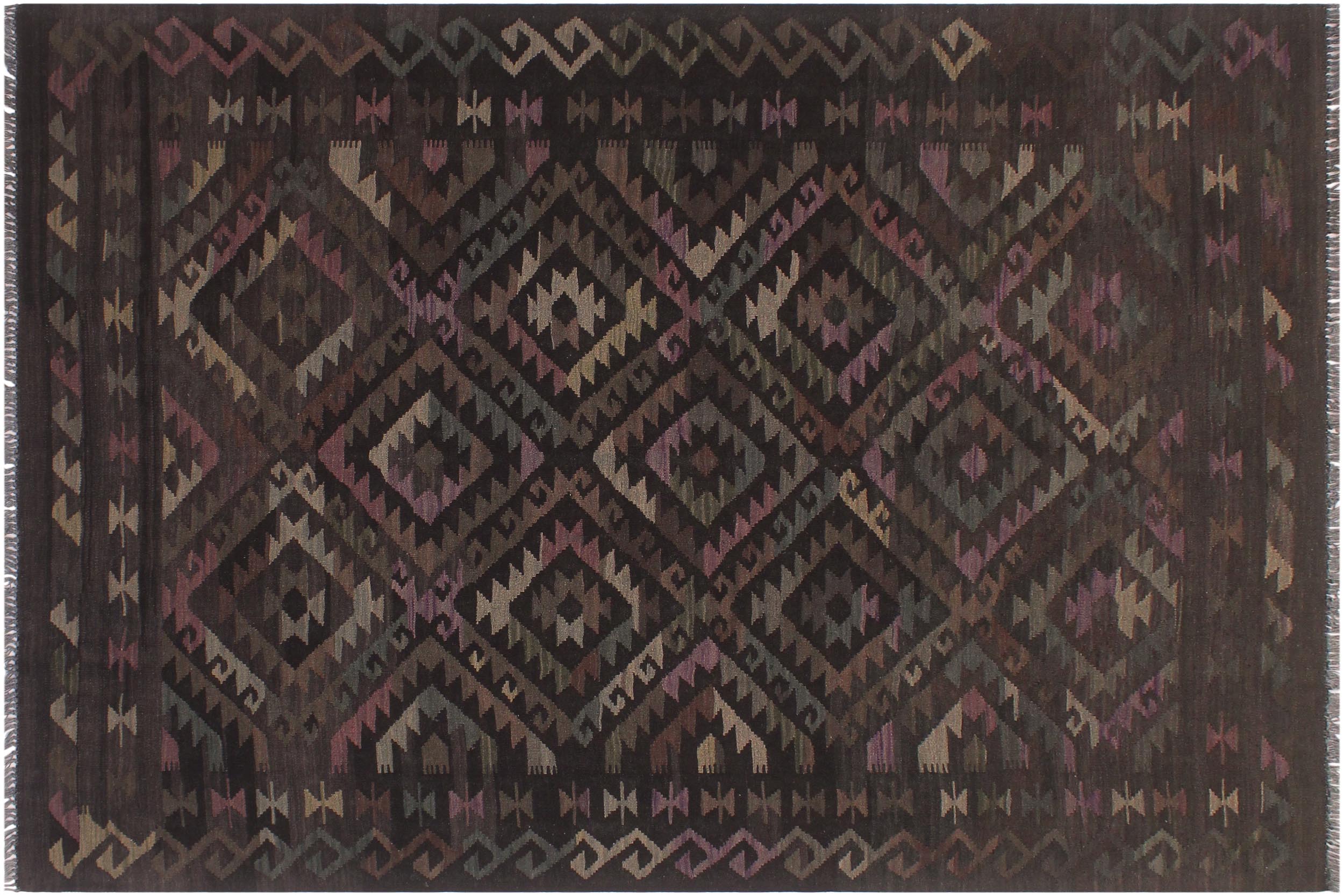 handmade Modern Kilim Black Brown Hand-Woven RECTANGLE 100% WOOL area rug 5' x 8'