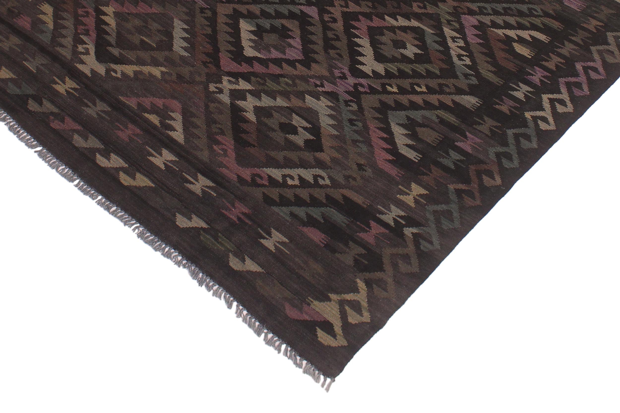 handmade Modern Kilim Black Brown Hand-Woven RECTANGLE 100% WOOL area rug 5' x 8'