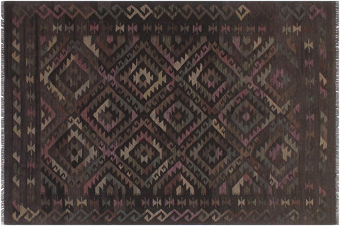 handmade Modern Kilim Black Brown Hand-Woven RECTANGLE 100% WOOL area rug 5' x 8'