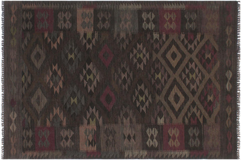 handmade Modern Kilim Charcoal Brown Hand-Woven RECTANGLE 100% WOOL area rug 6' x 8'