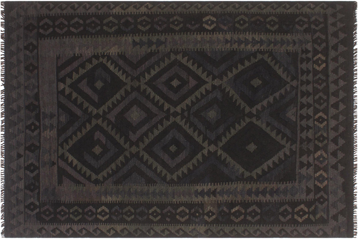 5x6 hand woven Turkish Flat Weave Kilim wool rug in black and blue - Abstract Turkish Frankie
